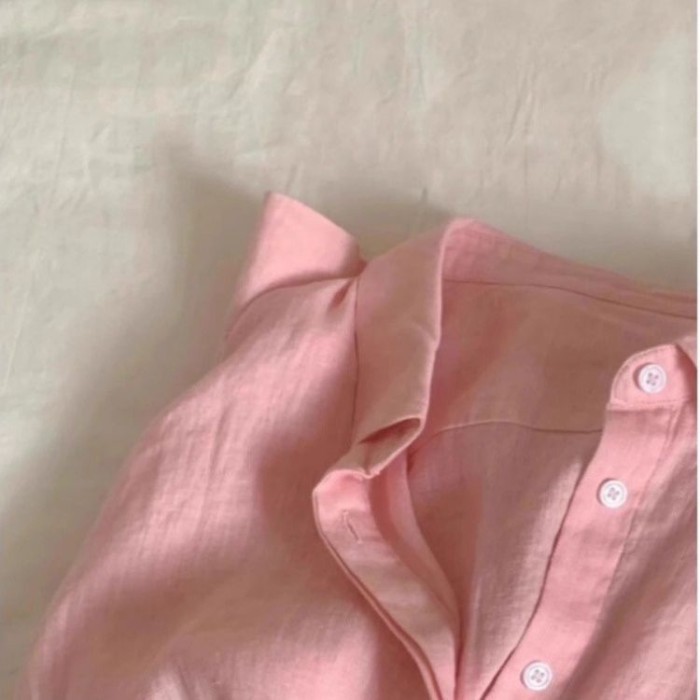Tencel cotton và vải lanh áo sơ mi màu hồng áo khoác nữ phong cách mùa hè cổ Polo áo sơ mi vải lanh