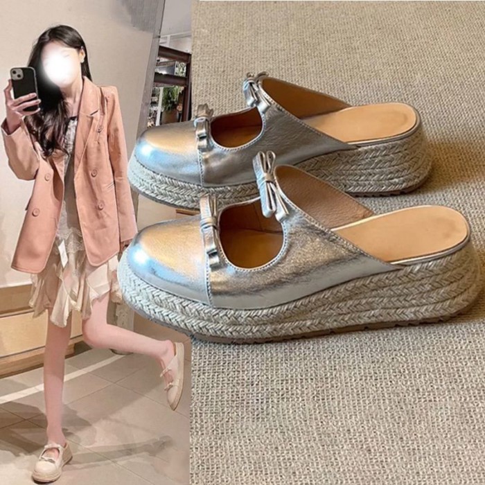 Giày sandal mũi nhọn đế dày nơ  dành cho nữ, dép lê thời trang và đa năng dành cho nữ