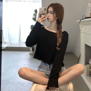 Áo thun ngắn ins siêu hot dành cho nữ mùa xuân thu đông, áo sơ mi dài tay cạp cao, áo rộng hở rốn