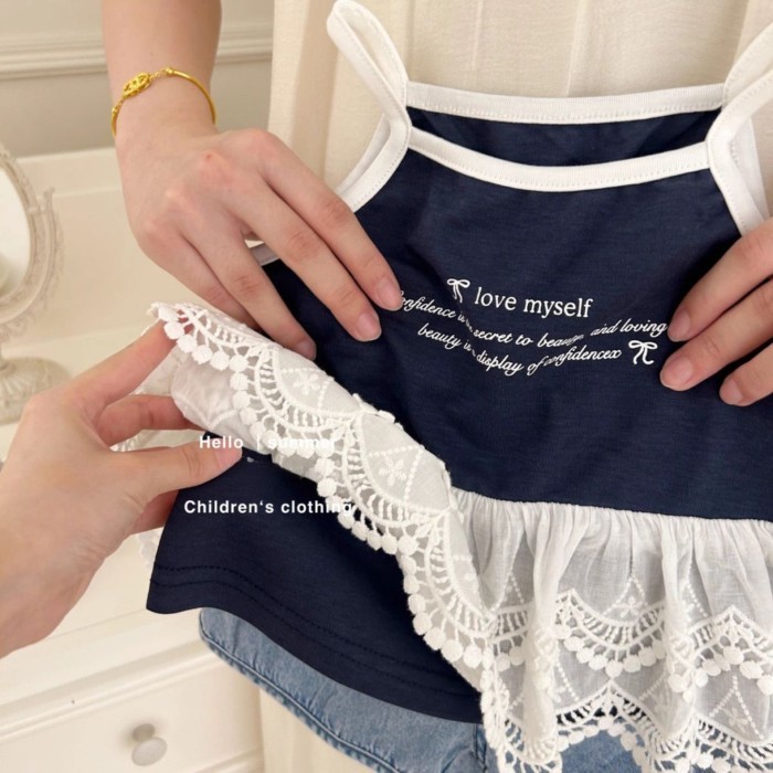Áo camisole bé gái kiểu mới, áo không tay ren, áo trẻ em dễ thương màu xanh hải quân