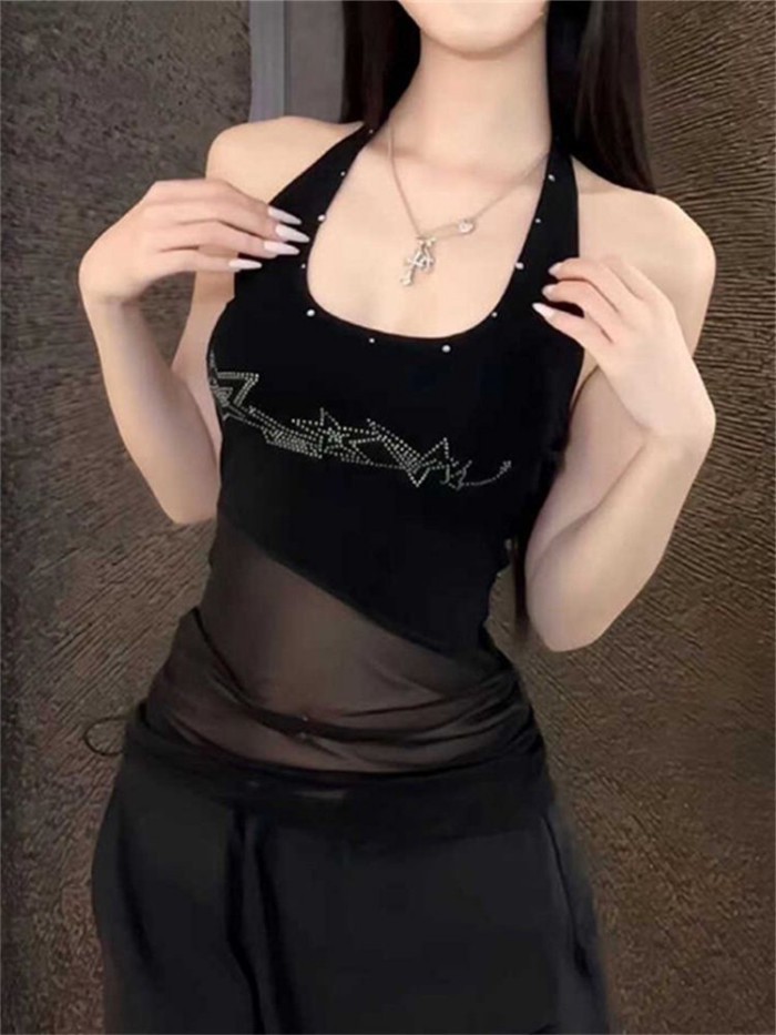 American Retro Hottie Hot Diamond Halterneck Camisole Women's Summer Outer Wear Slim Mesh Spl
