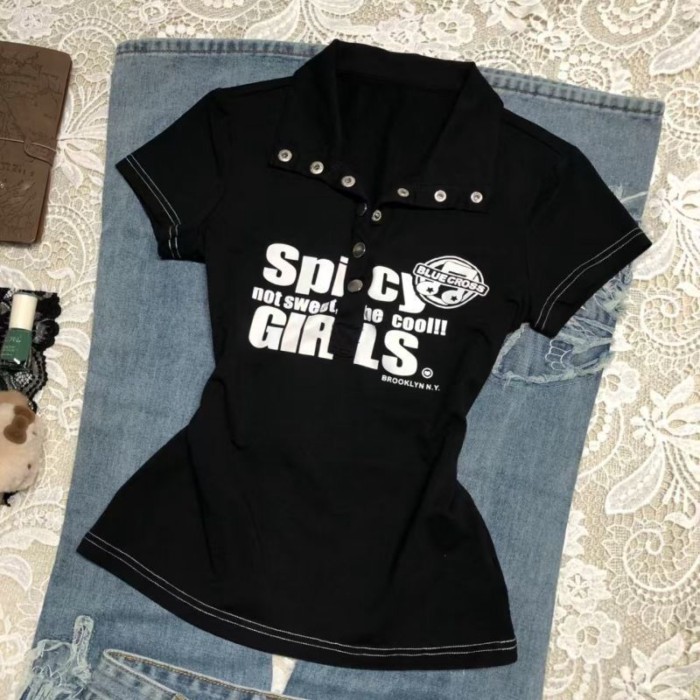 Yabi cổ eo thon vừa vặn màu tối punk áo thun ngắn tay in chữ có cổ dành cho nữ