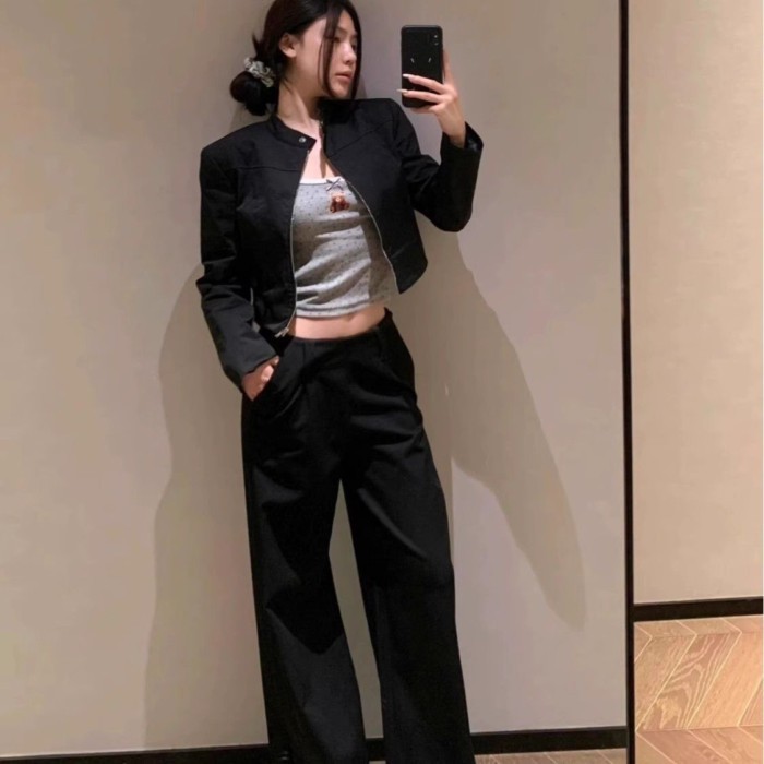Mỹ Retro Ngọt Ngào Và Mát Mẻ Hot Girl Phong Cách Đen Cổ Đứng Áo Khoác Ngắn Giảm Béo Nữ Kẹp tr