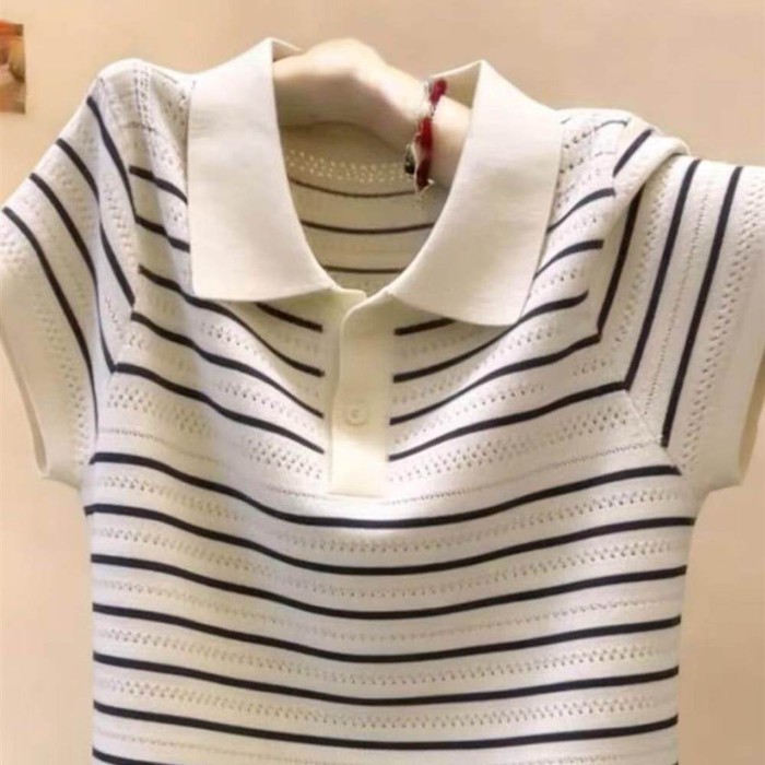 Áo thun ngắn tay cổ polo sọc băng lụa lạnh dành cho nữ mùa hè hở vai