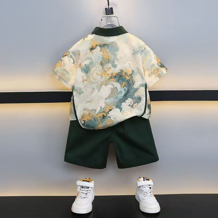 Bộ đồ hanfu bé trai mới Áo ngắn tay hai mảnh Phong cách đường phố Trung Hoa trẻ em