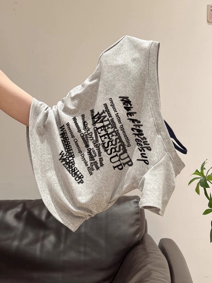 nguyên chất cotton vai xéo graffiti áo thun ngắn tay dành cho nữ mùa hè đa năng lộ thông thườ