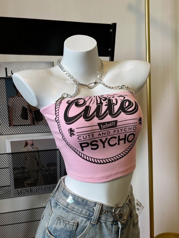 Hot Girl Chain Halter Pink Small Camisole Women's Summer Cool Pure Lust Style Short Bottoming
