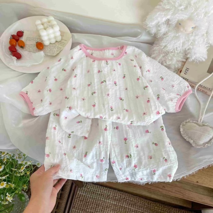 Bộ đồ mặc nhà cho trẻ em cổ áo thun ngắn tay quần short Bộ đồ ngủ hai mảnh thoáng khí