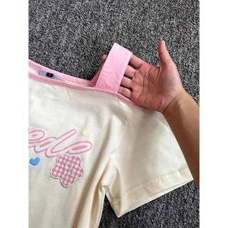 Bé gái và trẻ lớn hơn mèo kitty trễ vai treo áo thun ngắn tay dáng rộng mùa hè giảm béo lệch vai