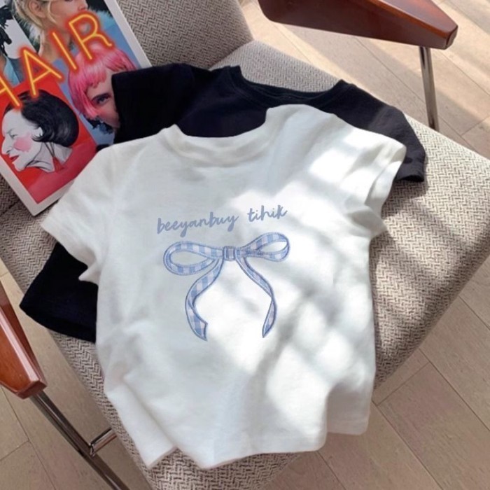 Girls Pure Cotton Short-sleeved T-shirt Summer New Children's Treasure Top Round Neck Versatil