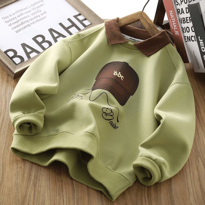 Áo polo đẹp trai cho bé trai thu đông, kiểu hoạt hình casual mới, thiết kế tay dài