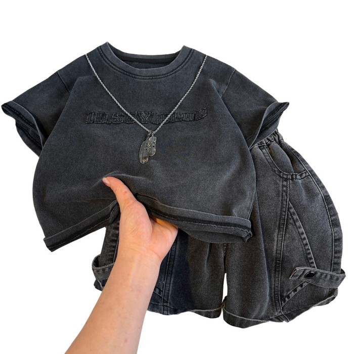 Bộ Cao Cấp Bé Trai Hàn Quốc Đẹp Trai Áo Thun Tay Ngắn Quần Short Trẻ Em Phong Cách Đường Phố Ha