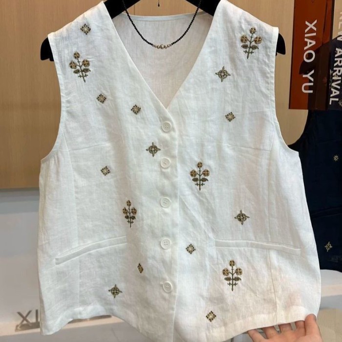 Cotton và vải lanh phong cách retro công nghiệp nặng thêu áo vest nữ mùa hè cao cấp dáng rộng