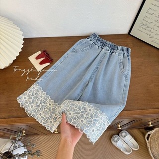 Nữ Mùa Hè Quần Jean Mỏng Trẻ Em Phối Ren Rời Quần Cắt Trẻ Em Ống Rộng Đa Năng Quần Ống Suông