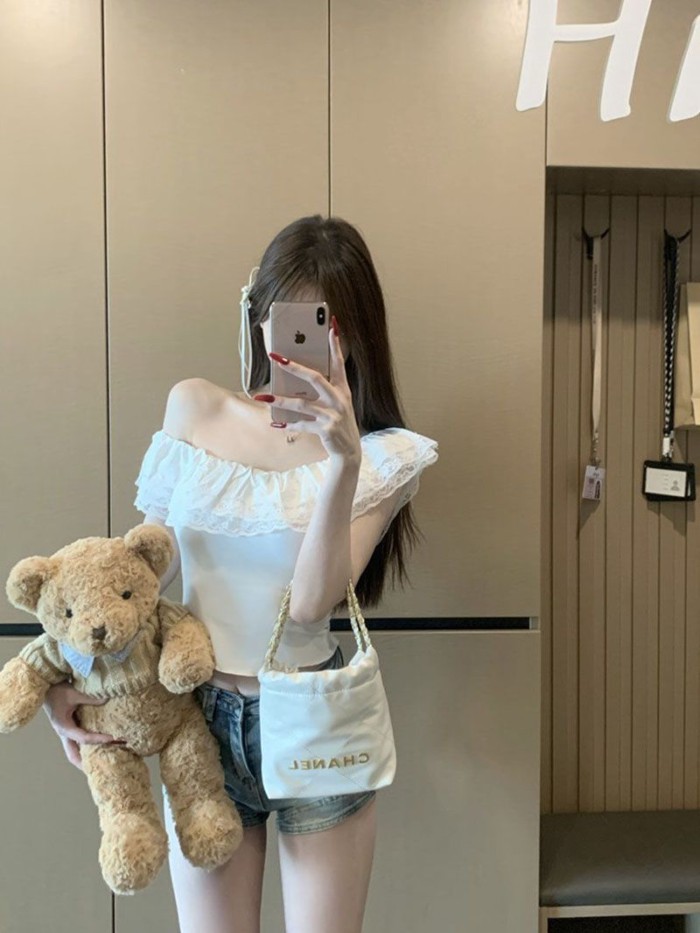Pure Desire Hot Girl Áo thun trễ vai phối ren cho nữ mùa hè Áo ngắn trễ vai độc đáo và sang t