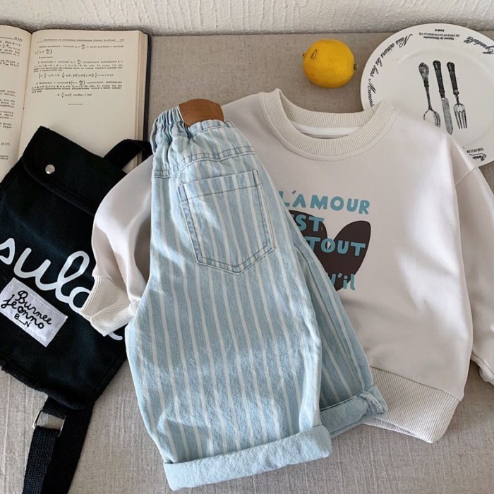 Quần Jean Trẻ Em Hàn Quốc Cotton Mềm Retro Sọc Bé Trai Bé Gái Quần Thẳng Thời Trang