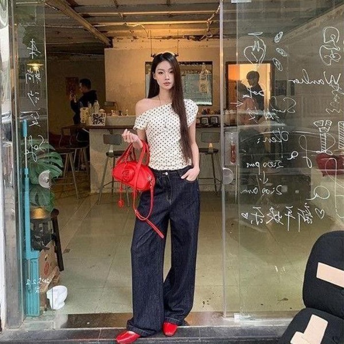 Áo thun ngắn tay trễ vai in họa tiết chấm bi Han Chunyu dành cho hot girl dáng slim fit