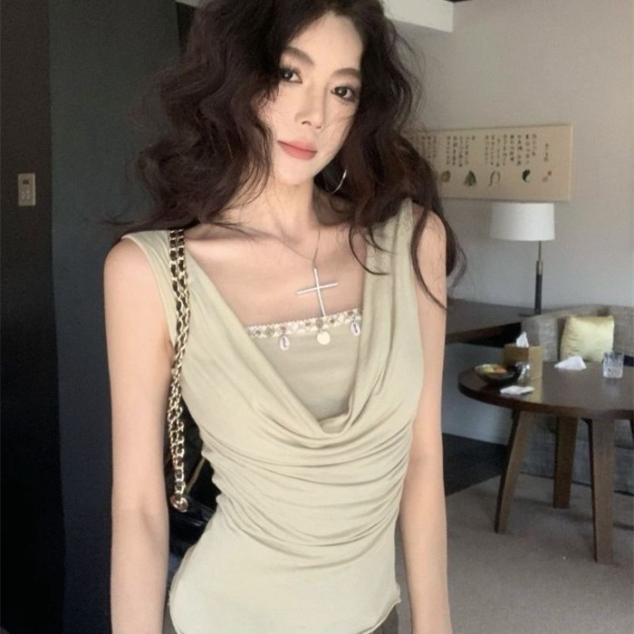 Cổ xoay thuần khiết dục vọng hottie Pháp cổ xoay cao cấp áo vest vai phải không tay Áo thun hàng đầ