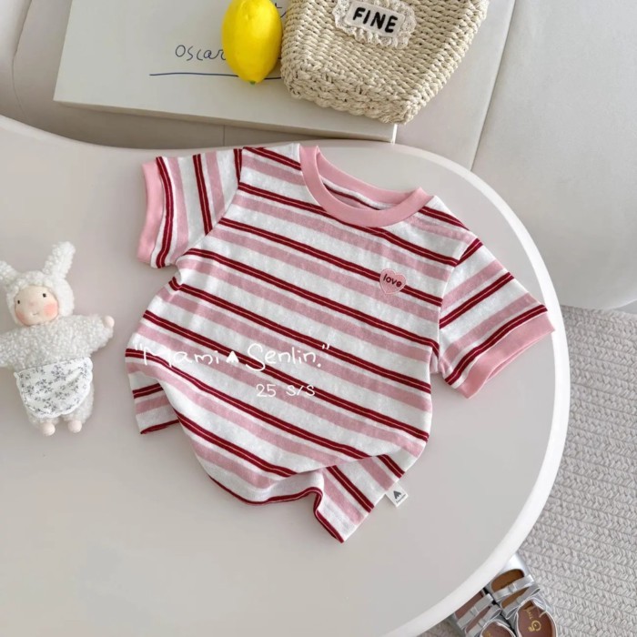 Áo thun ngắn tay bé gái mới, cotton Hàn Quốc thêu sọc, áo trẻ em sọc màu