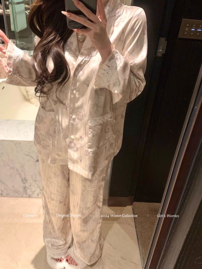 Bộ đồ ngủ mèo sọc ren kiểu Hàn Quốc dễ thương quần dài tay dài dành cho nữ Bộ quần áo ở nhà k