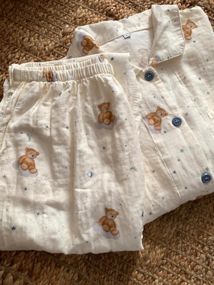Bộ đồ ngủ in hình gấu hoạt hình dài tay cotton thoải mái mặc ở nhà Bộ áo khoác ngoài