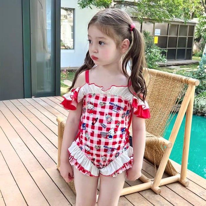 Quần áo trẻ em Đồ bơi một vai xếp nếp cho bé gái Đồ bơi nơ chống lộ cho bé gái