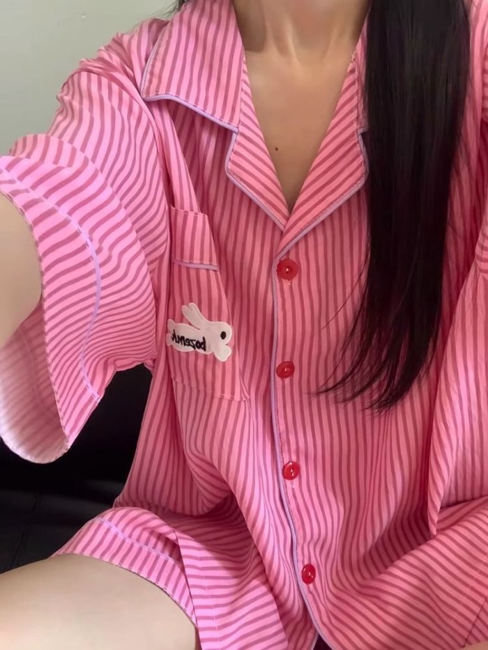 Korean Cartoon Striped Pajamas For Women Summer New Sweet Loose Short-sleeved Shorts Summer H