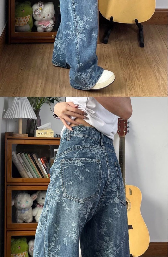 Quần Jean Ống Rộng Họa Tiết Hoa Cho Nữ Quần Jean Lưng Cao Giảm Béo Quần Thêu Đa Năng