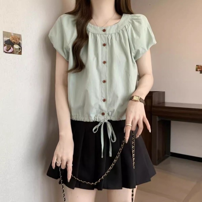 Áo Sơ Mi Tay Phồng Ngọt Ngào Hàn Quốc Cho Nữ Mùa Hè Áo Sơ Mi Ngắn Tay Dây Kéo Nhỏ Tươi Ngắn Màu