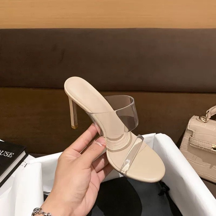 đôi sandal một quai trong suốt dành cho nữ mùa hè phong cách mới Dép cao gót hở mũi màu trắng kh