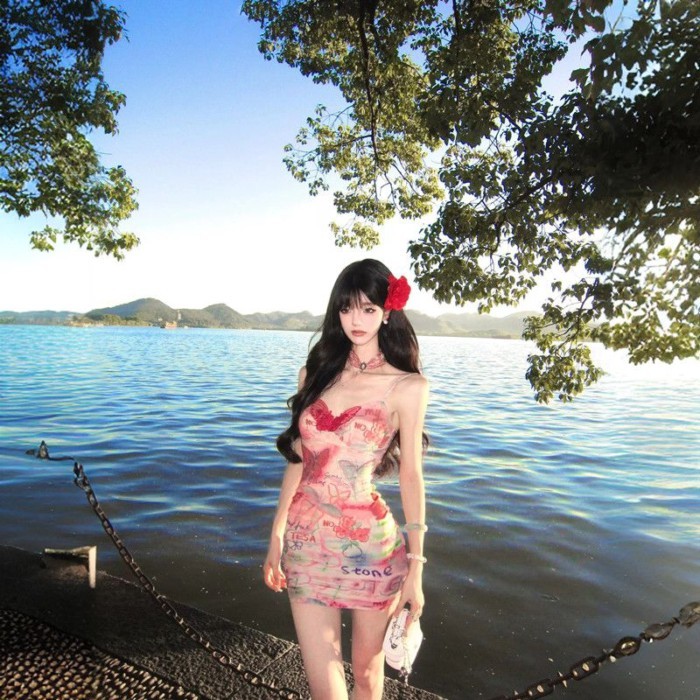 Little Girl Pink Printed Suspender Dress Seaside Vacation Waist Slimming Sexy Hip-hugging Sho