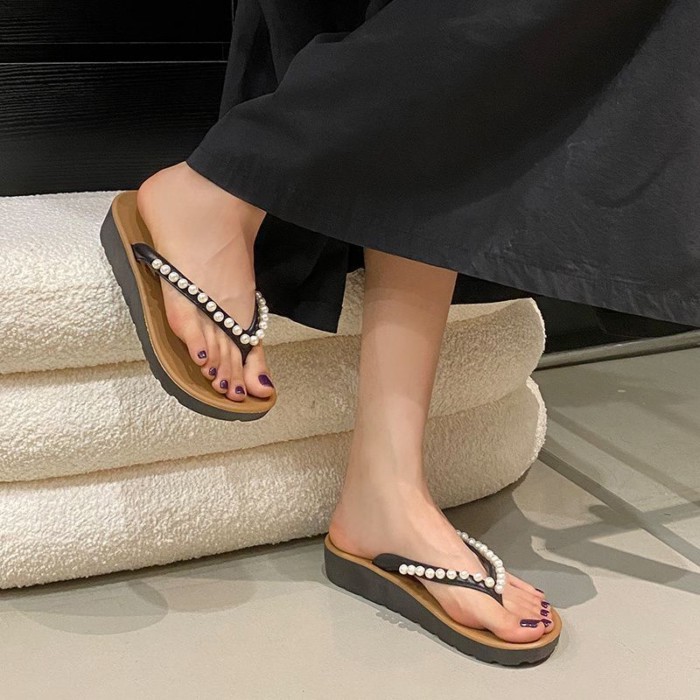 Dép xỏ ngón  dành cho nữ, áo khoác ngoài bằng ngọc trai nhỏ thơm, dép chống trượt thời trang v