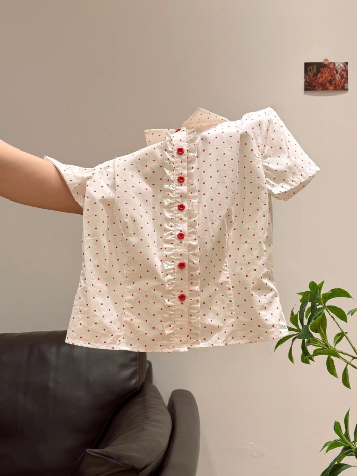 Đỏ Chấm Bi PoIo Cổ Vai Phải Tay Ngắn Eo Áo Sơ Mi Nữ Nấm Bên Kẹp Eo Giảm Béo Ve Áo hàng Đầu