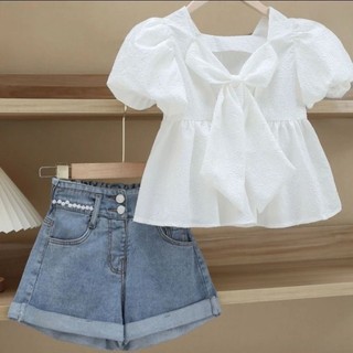 Bé Gái Mùa Hè Ngọt Ngào Phong Cách Hàn Quốc Nơ Tay Phồng Babydoll