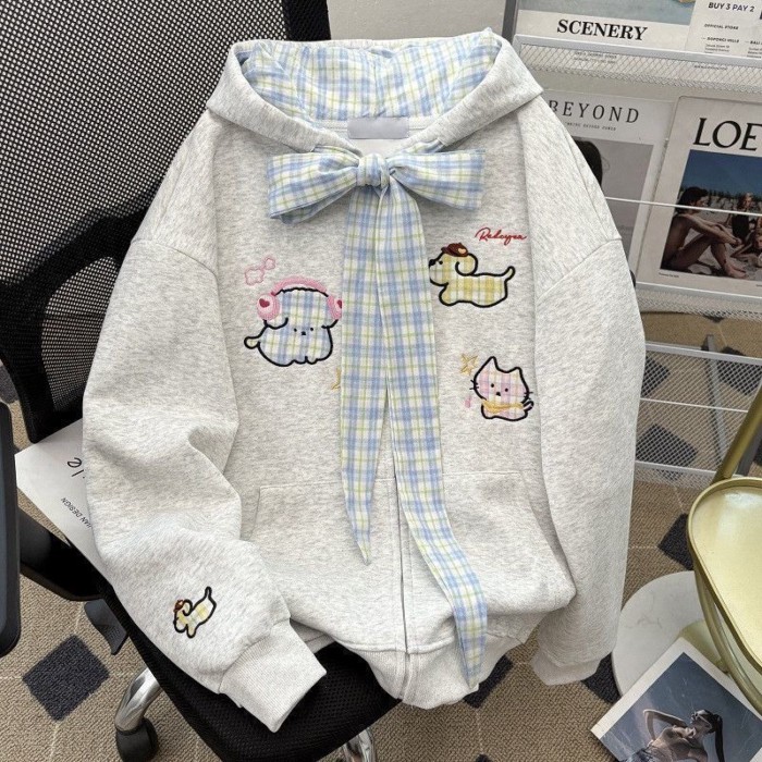 Pure Desire Dễ Thương Kẻ Sọc Nơ In Hình Cún Con Có Mũ Áo Khoác Cardigan Nữ