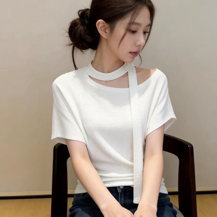 Áo thun ngắn tay dây đeo vai xiên nữ xuân hè phong cách mới eo lệch vai áo crop top