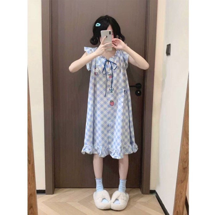 in họa tiết váy ngủ kẻ sọc đám mây cotton ngọt ngào bong bóng Pháp cotton HelloKitty nữ mùa h