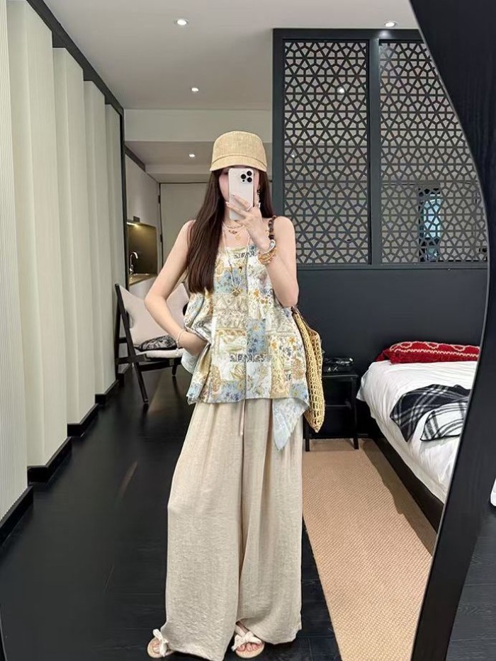 Áo dây in họa tiết kỳ nghỉ lười biếng và thoải mái dành cho nữ, thiết kế bohemian mùa hè và á