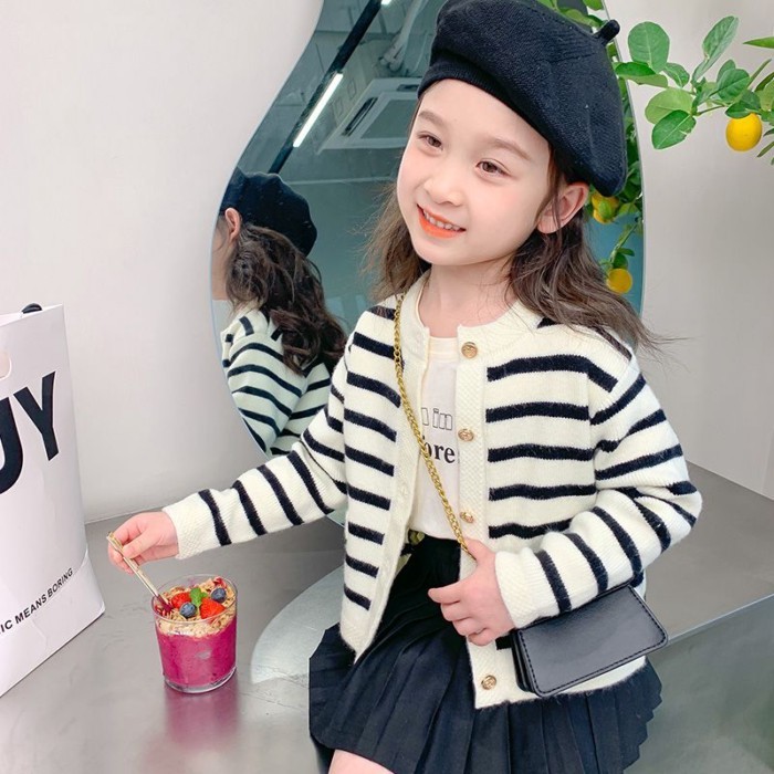 Áo len dệt kim cardigan bé gái Hàn Quốc xuân thu mới phong cách Hàn Quốc áo len sọc dài tay dành