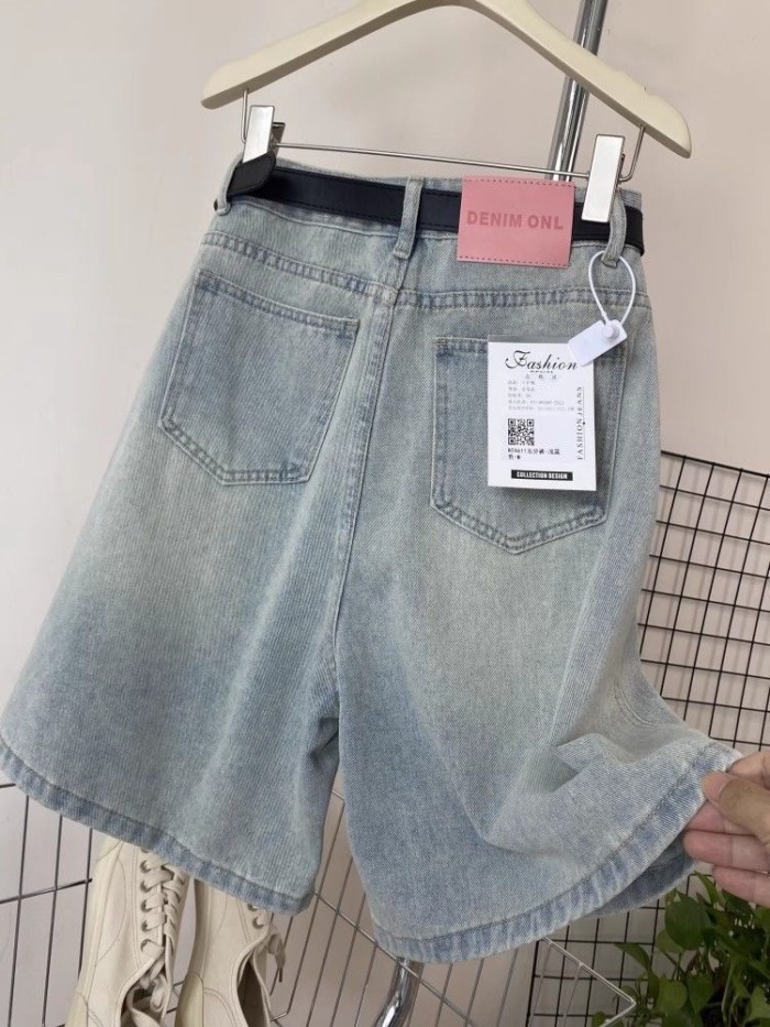 Thời Trang Retro Ống Rộng Quần Short Denim Nữ Mùa Hè Cao Cấp Size Lớn Rời Ôm Vừa Quần