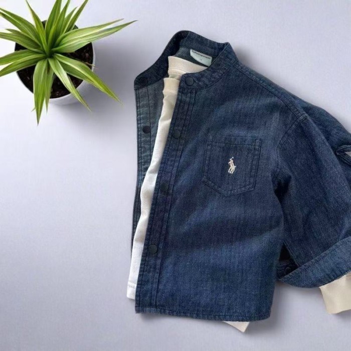 Trẻ Em Áo Sơ Mi Denim Thu Đông Bé Trai Thương Hiệu Nhật Bản Cổ Đứng Áo Sơ Mi Bé Trẻ Em Đơn Giản