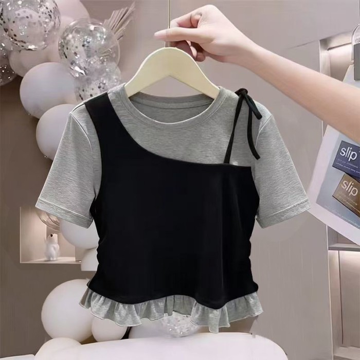 bé gái mới cổ tròn phong cách Hàn Quốc giả hai mảnh ngắn tay áo sơ mi đáy vừa và lớn mới cho trẻ