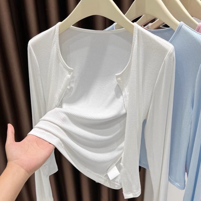 White Knitted Cardigan, Thin Summer Sun Protection Blouse, Shawl, New Suspender Skirt, Air-con