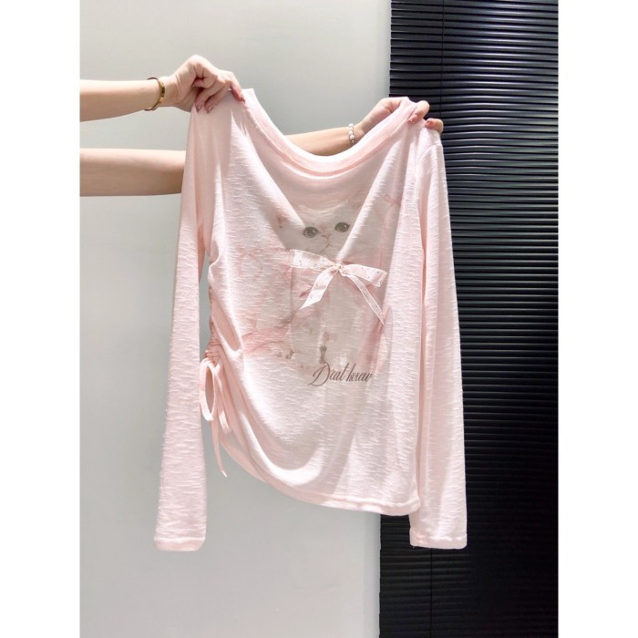 Áo thun tay dài in hình mèo dễ thương dành cho nữ thiết kế xếp ly áo chống nắng slim fit top