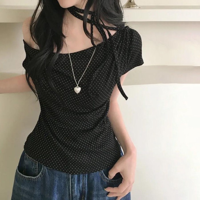Korean Style Pure Lust Girl Polka Dot Lace-up Oblique Shoulder Short-sleeved T-shirt For Wome