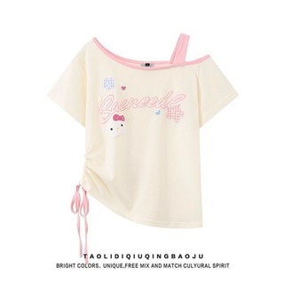 Áo trễ vai hình mèo Kitty phong cách ngọt ngào cho bé gái và trẻ lớn, áo thun ngắn tay, áo trễ vai