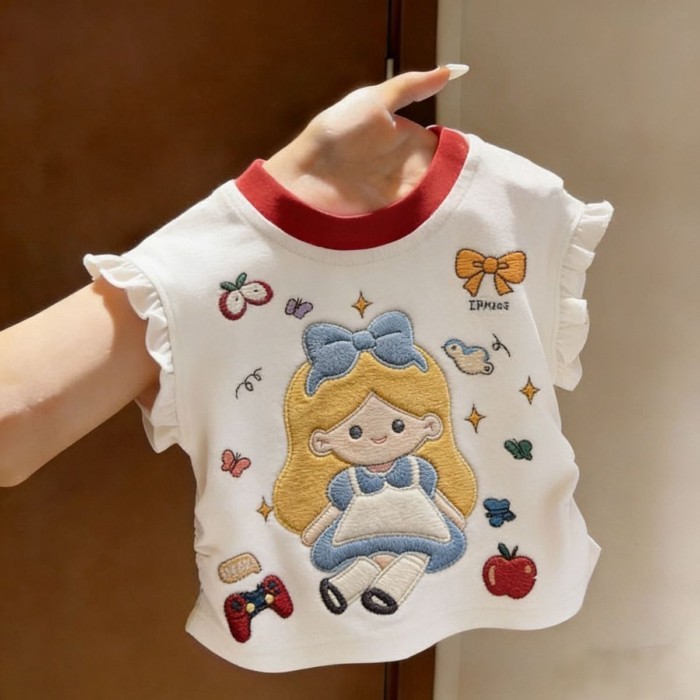 Mùa Hè Mới Hoạt Hình Cô Gái Dễ Thương Trẻ Em Bé Cotton Nguyên Chất In Màu Sắc Tương Phản Nối Ves