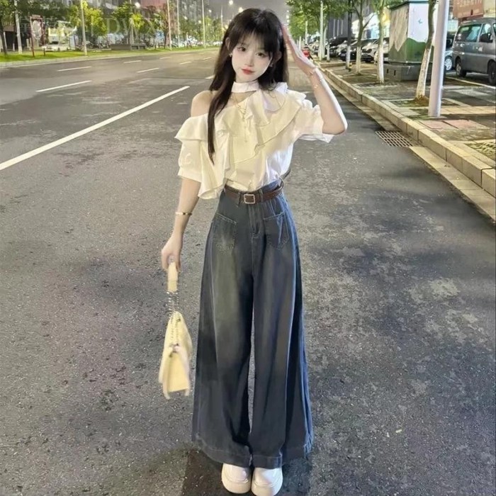 Áo sơ mi trễ vai trễ vai cao cấp dành cho nữ với áo dáng rộng phong cách Pháp