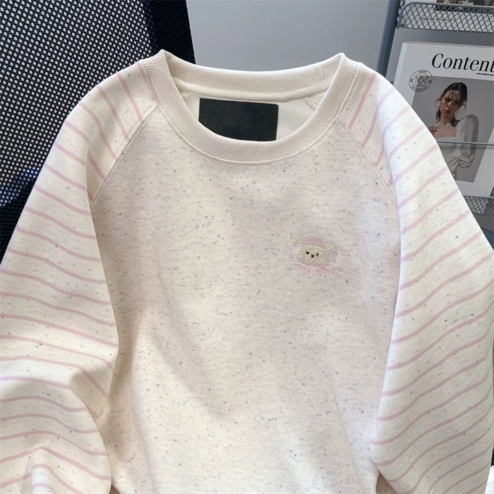 Áo nỉ tay áo raglan sọc chấm bi đầy màu sắc phong cách Hồng Kông Áo đa năng phong cách Hàn Qu