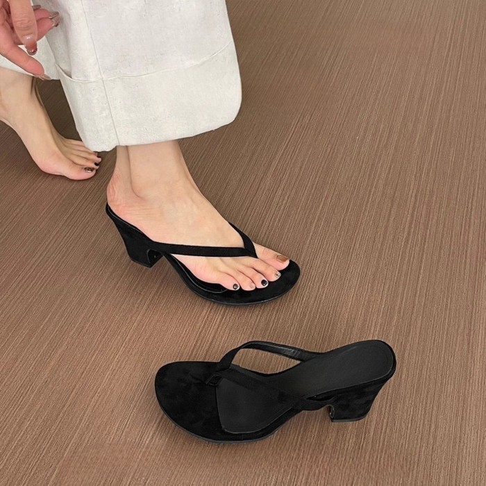 Dép xỏ ngón cao gót da mềm kiểu Pháp Giày thể thao nữ quai ngang mỏng mùa hè Dép xỏ ngón